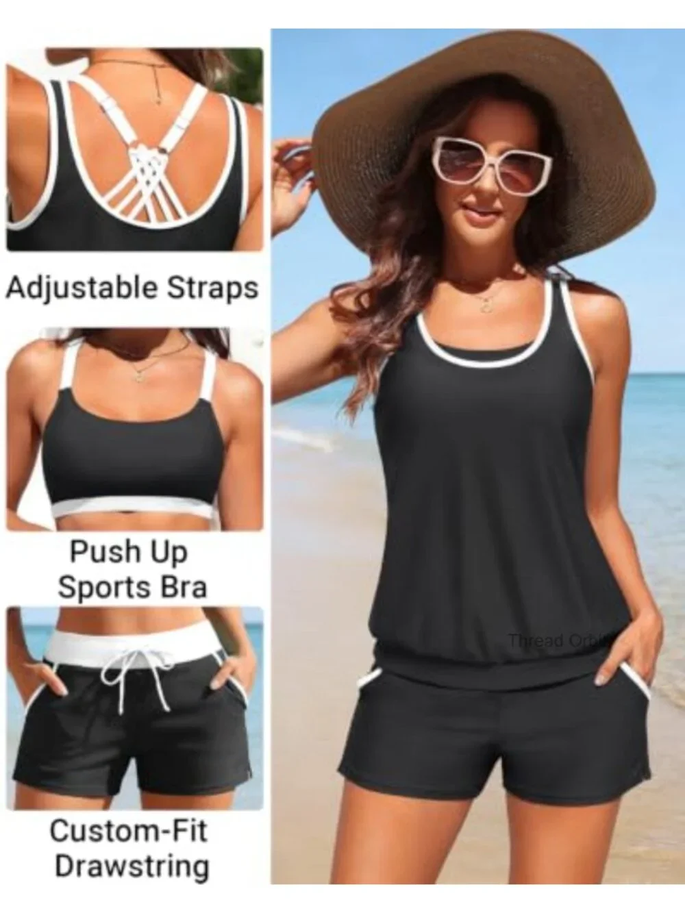 3 Piece Tankini with High Waisted Shorts & Sports Bra, Adjustable Straps,